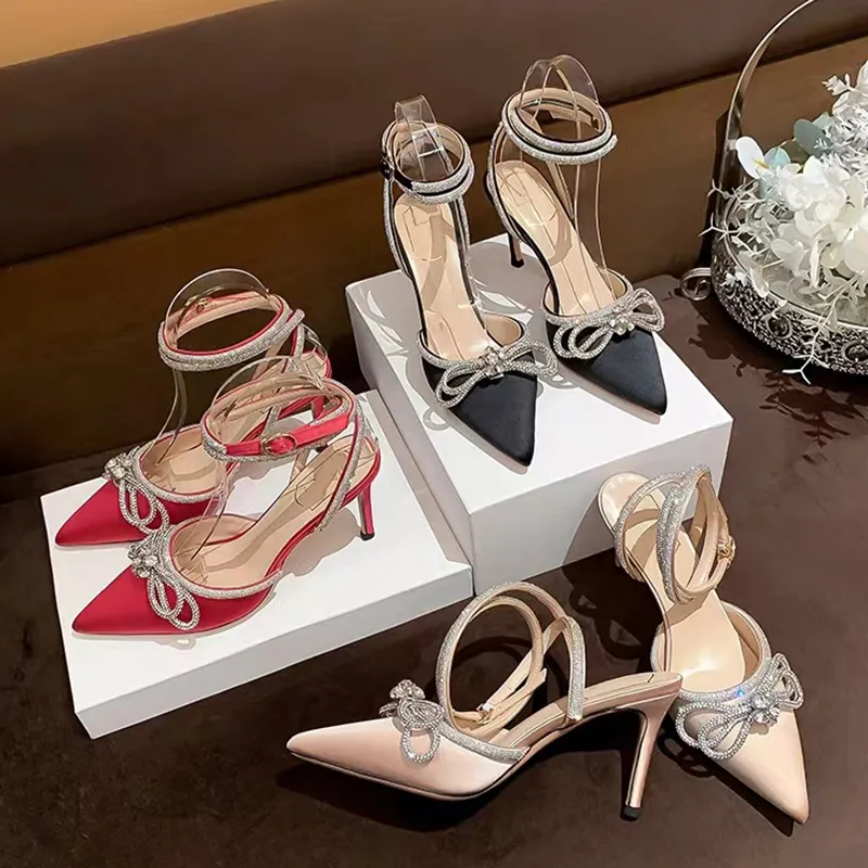 Роскошные маховые женские туфли обувь лук хрустальные декоративные сандалии 60 шелковые атласные женские туфли свадебная вечеринка высокие каблуки на пятко