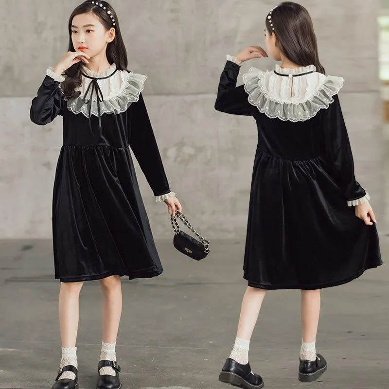 Girl's Dresses Autumn Winter Girls Dress Black Red Velvet A-line Princess Costume For Children Lace Neck Elegant Teen Kids Party GownsGirl's