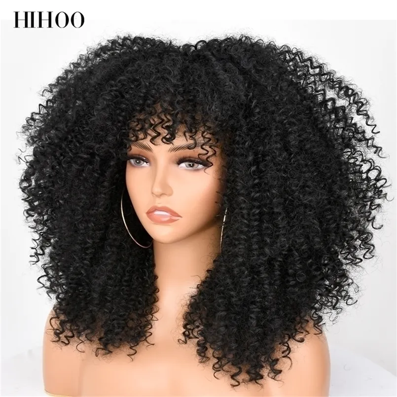 16Short Hair Afro Kinky Curly Wig With Bangs For Black Women Cosplay Lolita Synthetic Natural Glueless Brown Mixed Blonde Wigs 220811