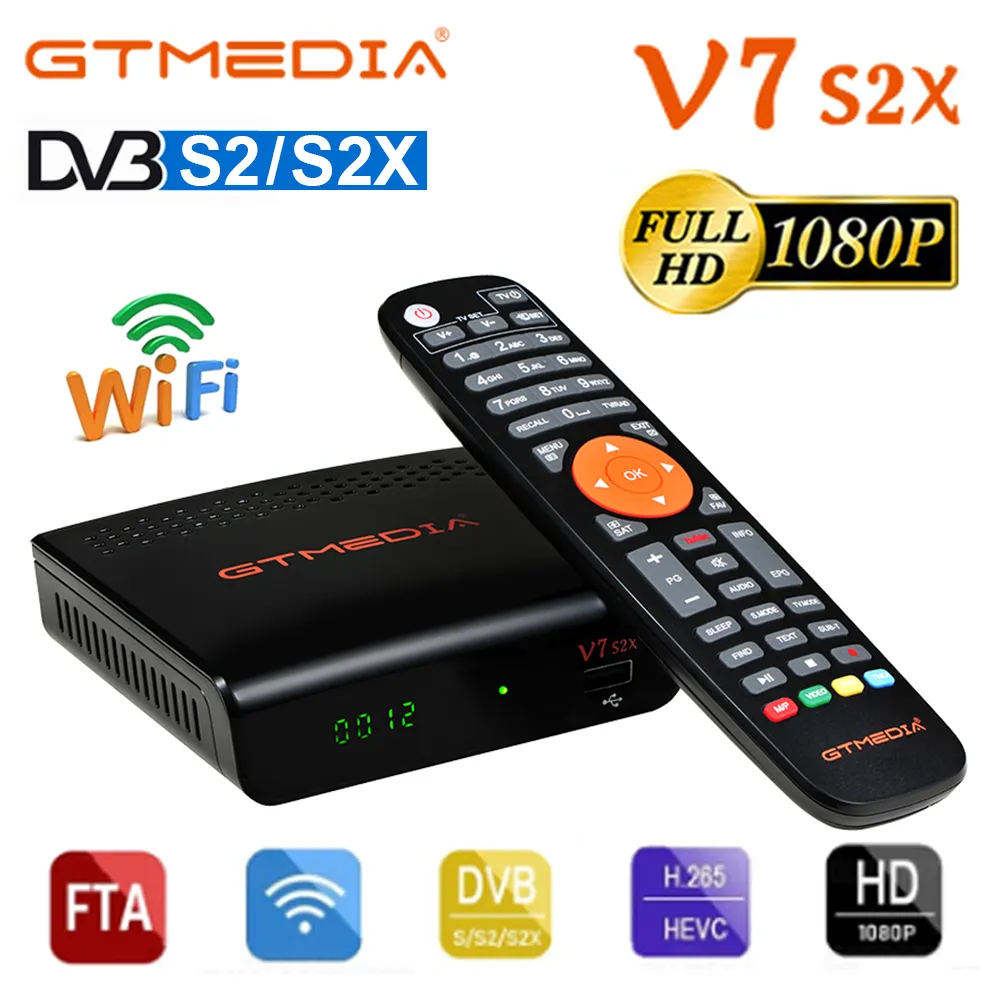 DVB-S2 Receptor de Satélite Gtmedia V8X H.265 DVB S2 S2X Buildin WiFi Slot Slot Scart SET Top Caixa GT Mídia V7S 2x Suporte USB WiFi