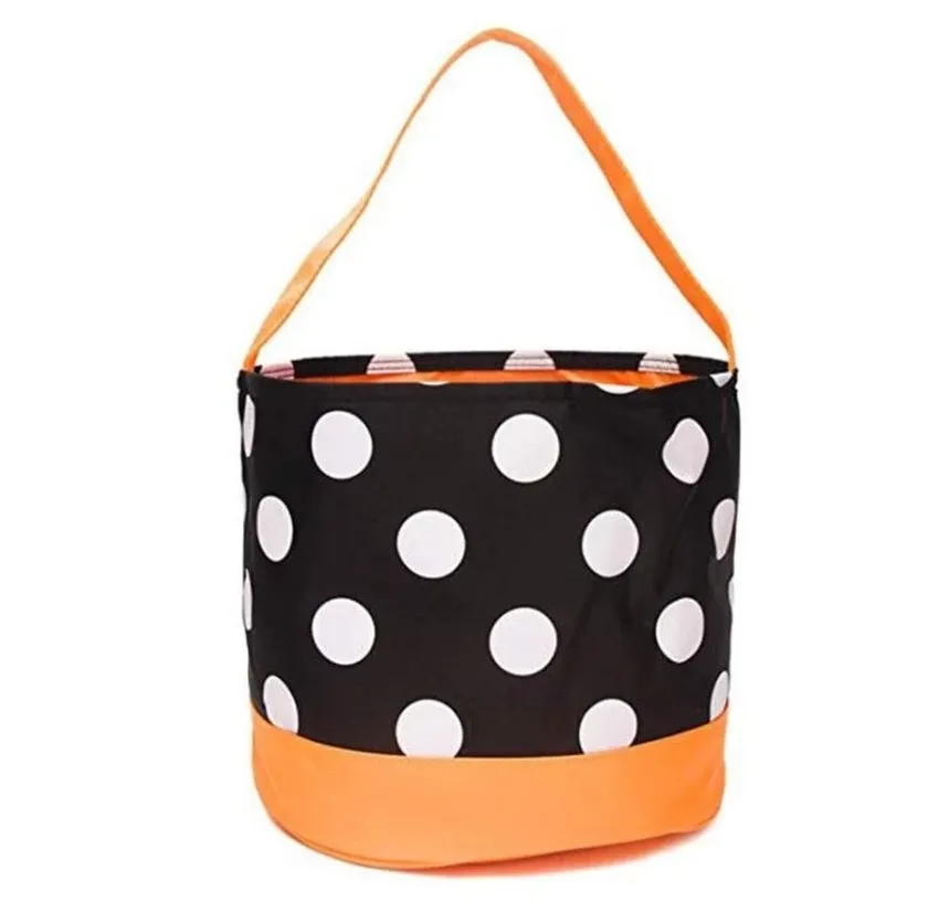 Halloween hink gynnar polka dot bat randig polyester godis samling väska halloween trick eller behandla pumpa väskor 12 mönster f0720