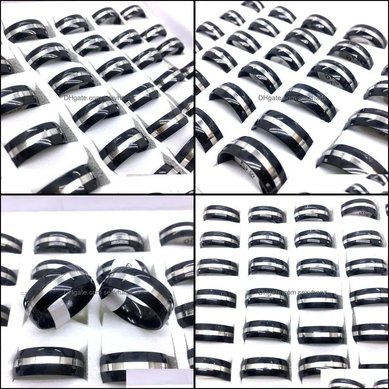 6pcs black stainless steel rings men`s women`s 8mm band fashion jewelry ring wholesale lot