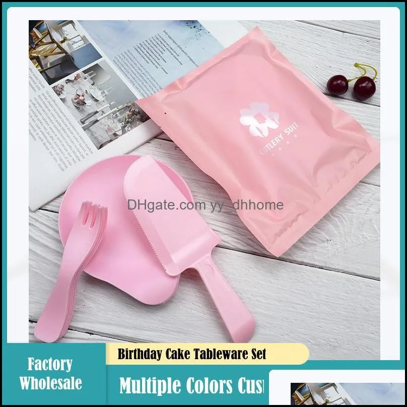 individually packaged disposable flatware plastic birthday cake 1 knife 5fork 5water-drop shape plate cutlery set bag pae10558