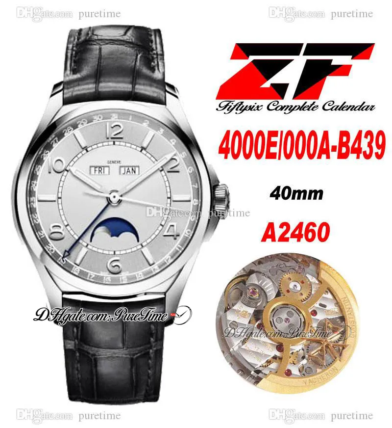 ZF Fiftysix Complete Calendar A2460 Automatic Mens Watch, 40mm Steel Case,  Silver Dial, Moon Phase, Black Leather Strap, 4000E 000A B439 Super Edition  From Puretimewatch, $563.74 | DHgate.Com