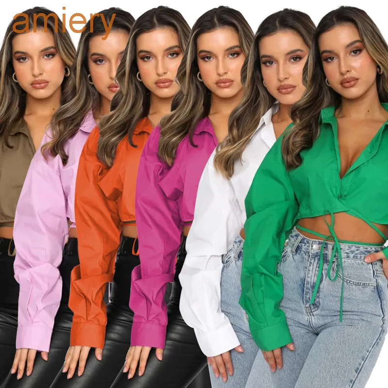 Summer New Long Sleeved Women Crop Tops Solid Color Cardigan Bandage Blouse Lapel Single Breasted Urban Leisure Fashion Shirt