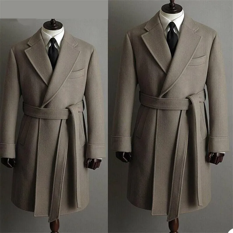 Ternos masculinos Brazers Homens consideráveis ​​sólidos com cinturão de lã grossa sobretudo feito sob encomenda feita longa casaco cinza lapela de lapela