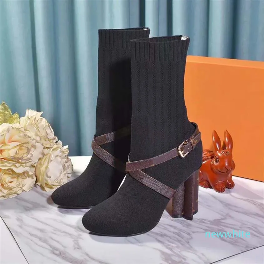 High quality female designer boots Martin bottes Black stretch fabric floral design rubber sole non slip wear resistant outsole