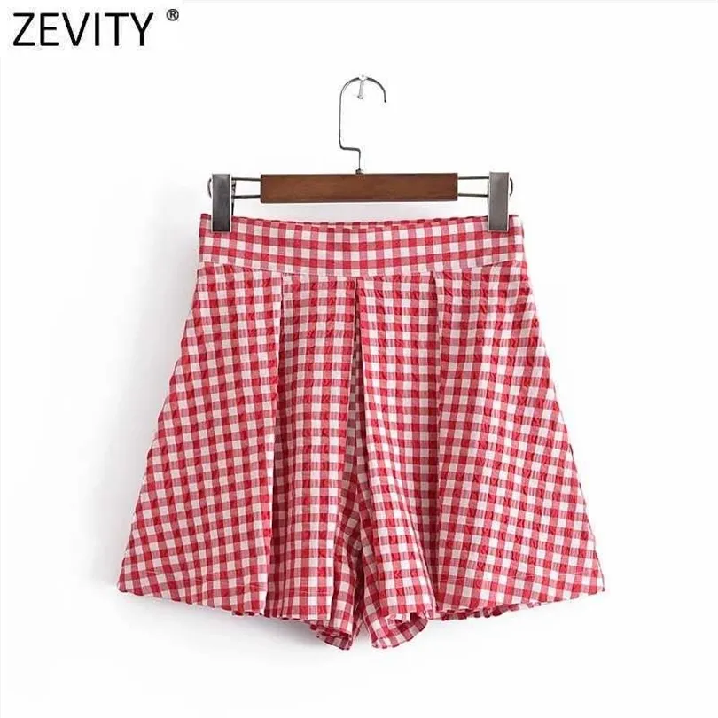 Zevity Femmes Mode Rouge Plaid Imprimer Plissée Bermuda Jupes Shorts Femme Chic Side Zipper Casual Pantalone Cortos P1090 210603