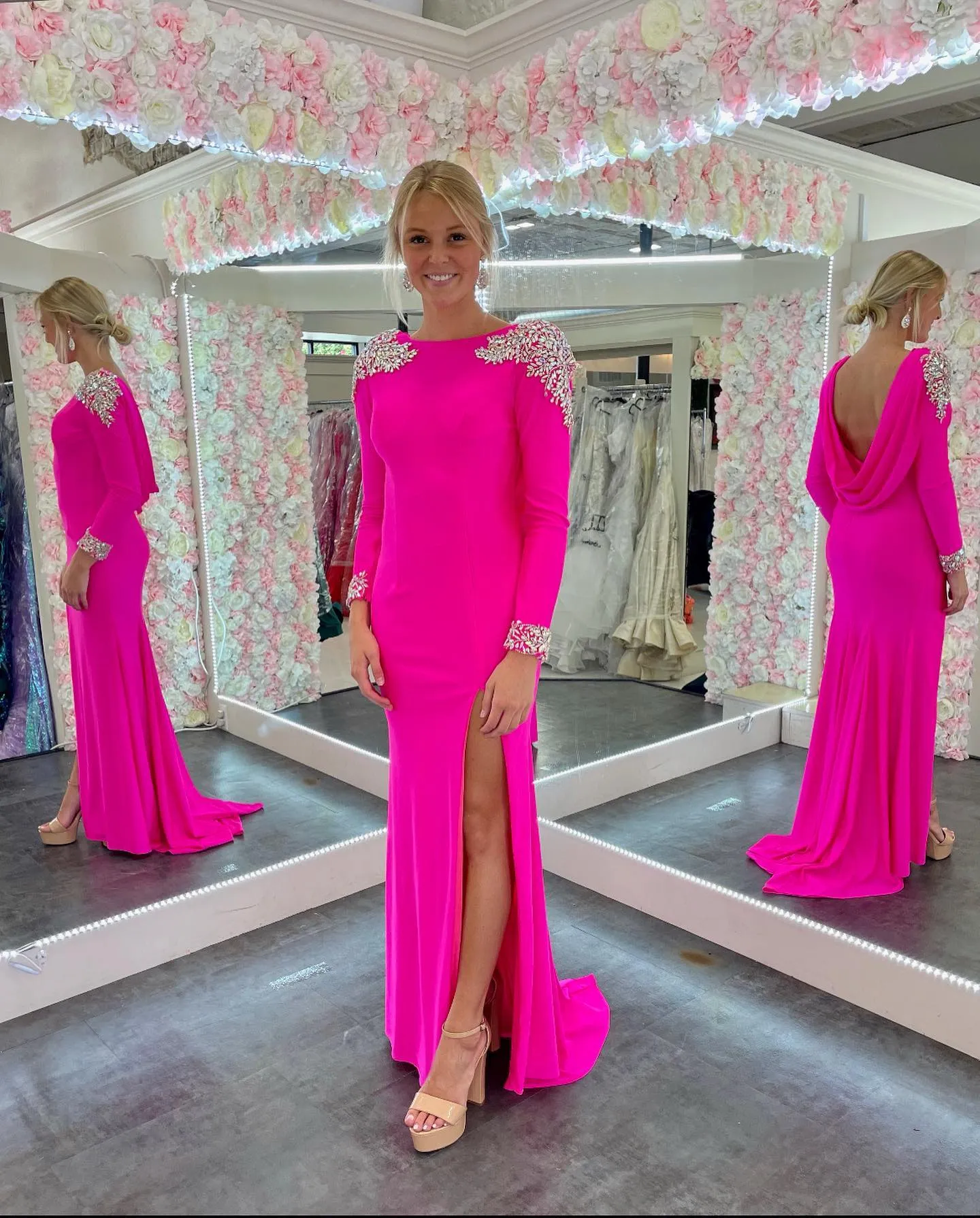 what color shoes match hot pink dress Long Sleeve Long Pink Dress Long Modest Prom Dress With Long Sleeves PromGirl Rose 20