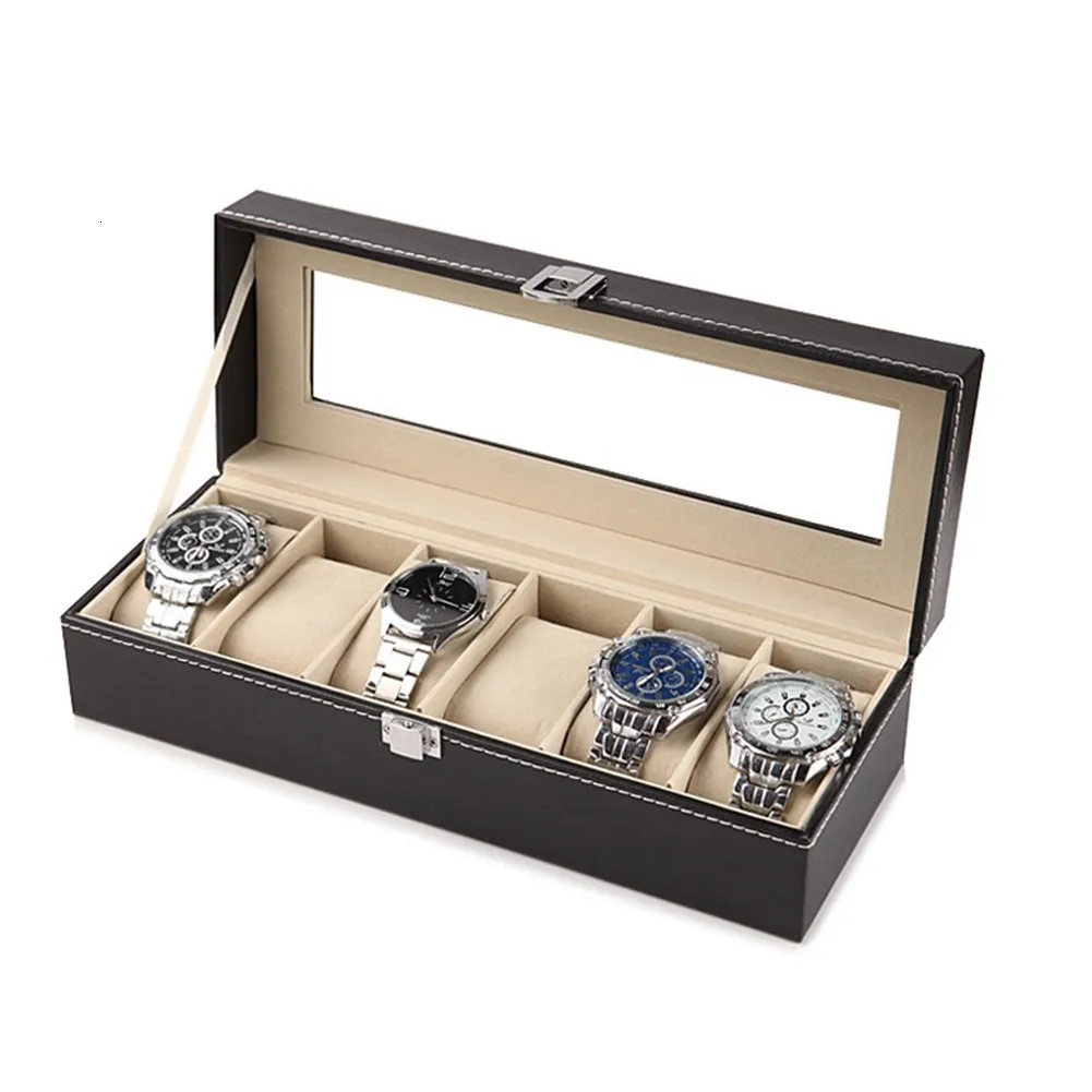Titta på lådor Fall 1/2/3/6 rutnät Watch Box Pu Leather Watch Case Holder Organizer Storage Box för kvartsklockor smycken Boxar Display Gift 230206