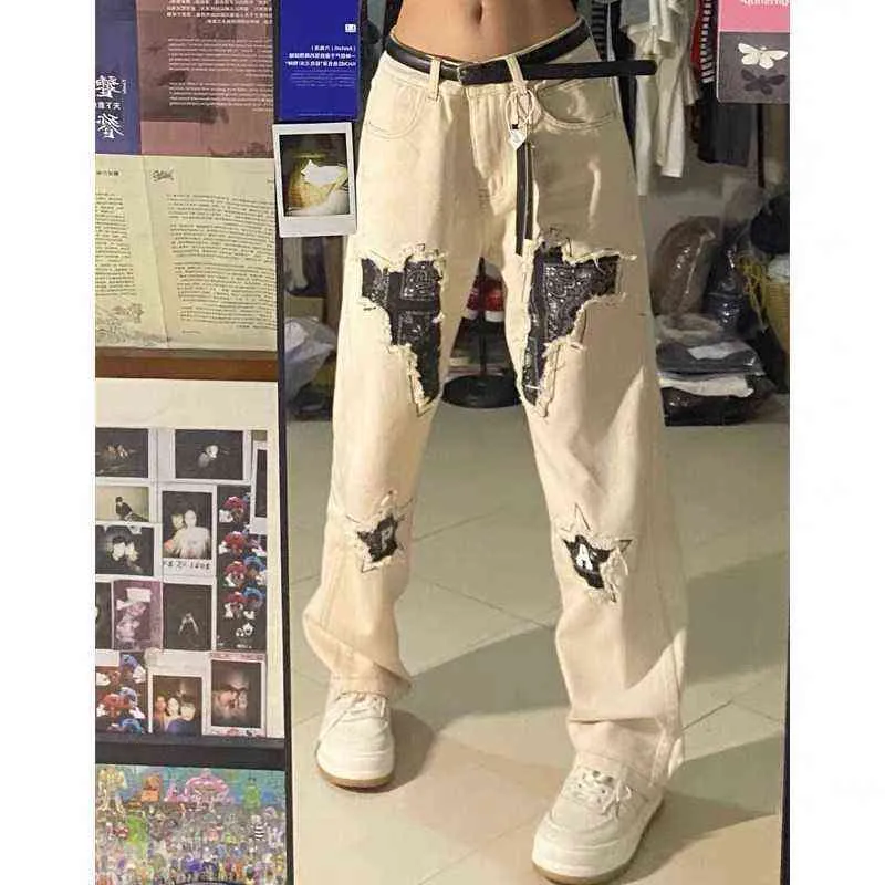 Harajuku Star Patch Cargo Jeans Y2K taille haute Streetwear 90S Baggy trous Jeans femmes Vintage Streetwear pantalon droit L220726