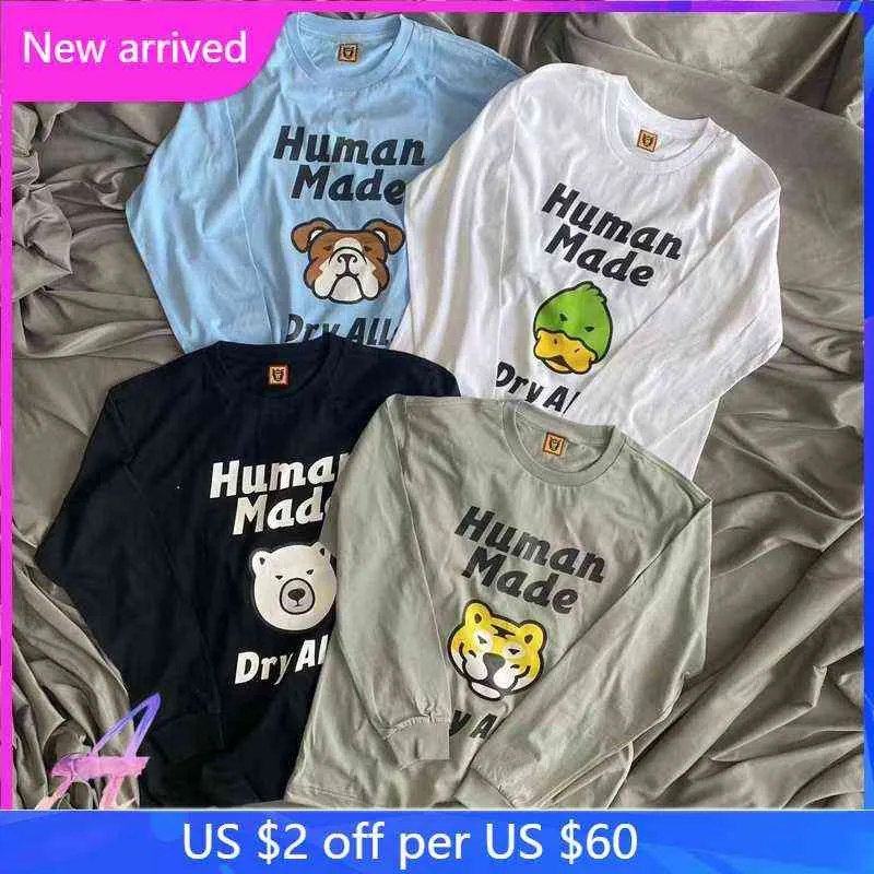 Humano Made Top Tees Dry Alls Polar Bear Duck Tiger Dog Head Cartoon T-shirts de manga longa T220808