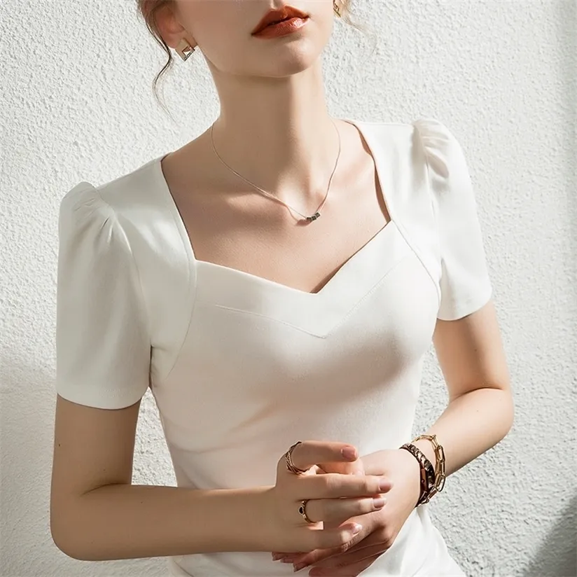 Francuski Solid Color Bubble Rękaw T-shirt damski z krótkim rękawem Slim V-Neck Pure Cotton White Top Latem 220328