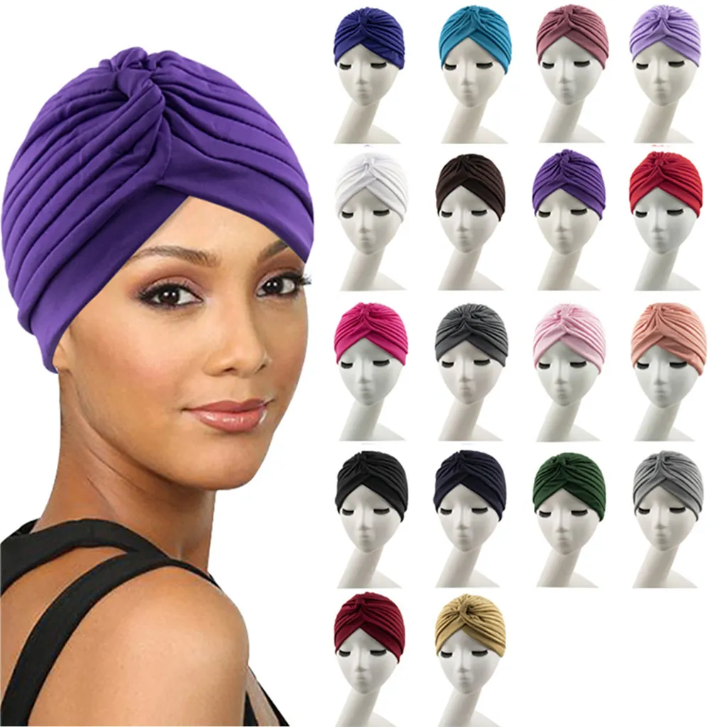 Chapéu muçulmano turbante moda sólida feminina atada headbands meninas cocar elástico bandanas quimio boné indiano acessórios de cabelo hcs203