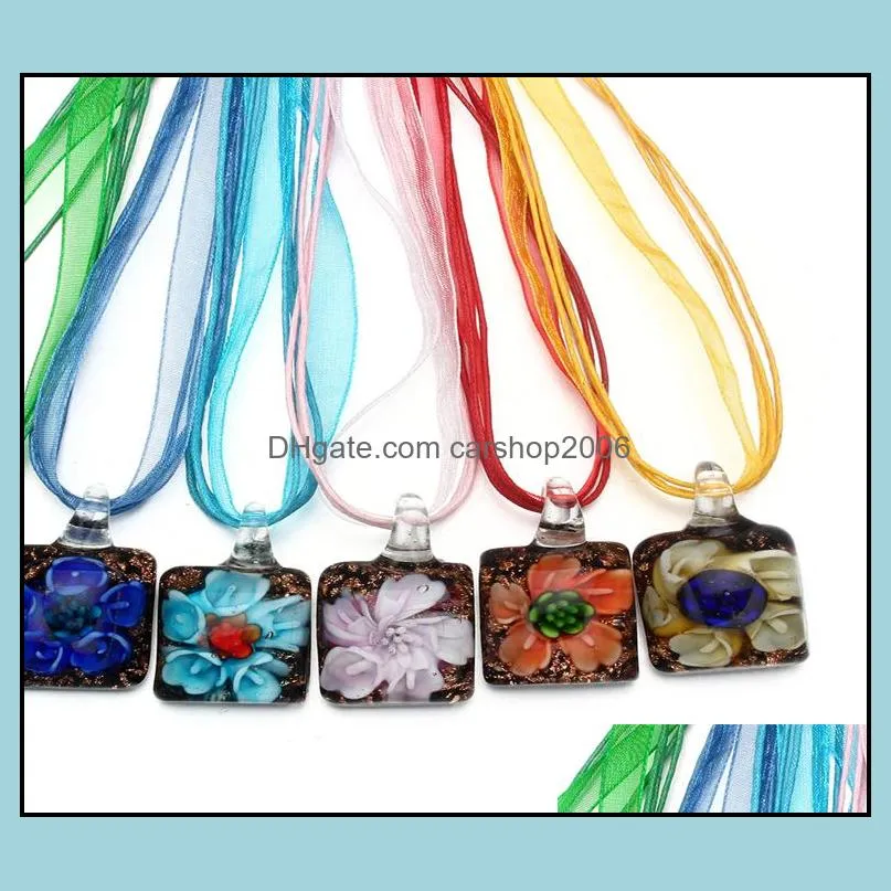 6pcs mixed color jewelry glass flower square murano lampwork pendant with silk rope necklaces