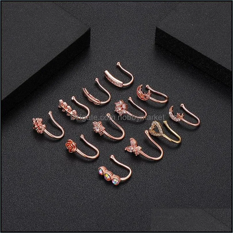 Stainless Steel Heart Clip on Nose Ring Star Fake Nose Non Piercing Faux Nostril Cuff Tragus Earring Crystal Women Jewelry