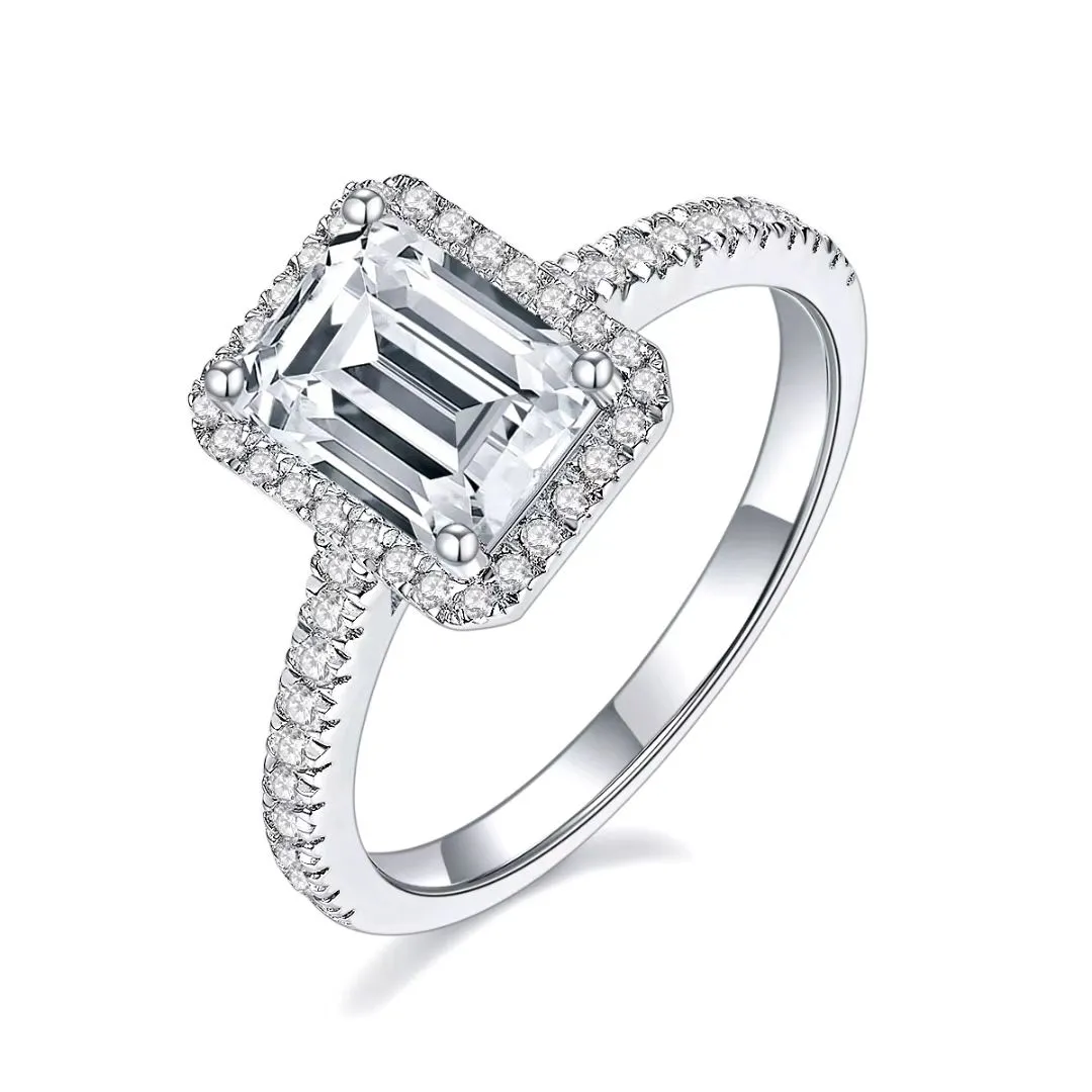 Halo Emerald Cut Moissanite Women Engagement Ring Trendy Fashion Style Moissanites Stone Ring