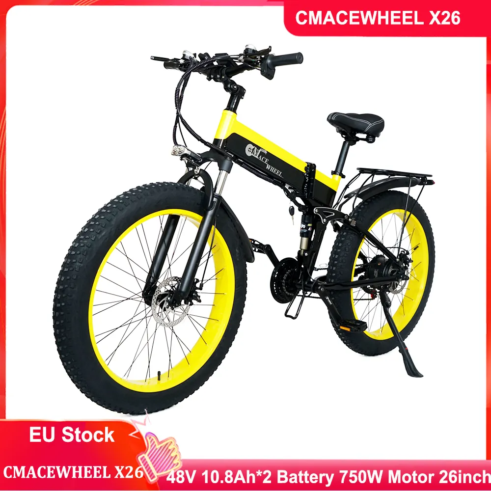 الأسهم الاتحاد الأوروبي CmaceWheel X26 48V 10.8AH * 2 البطارية المزدوجة 750 واط شاشة ملونة جديدة 26 * 4 بوصة الدهون الإطارات طوي الكبار الإلكترونية الدراجة