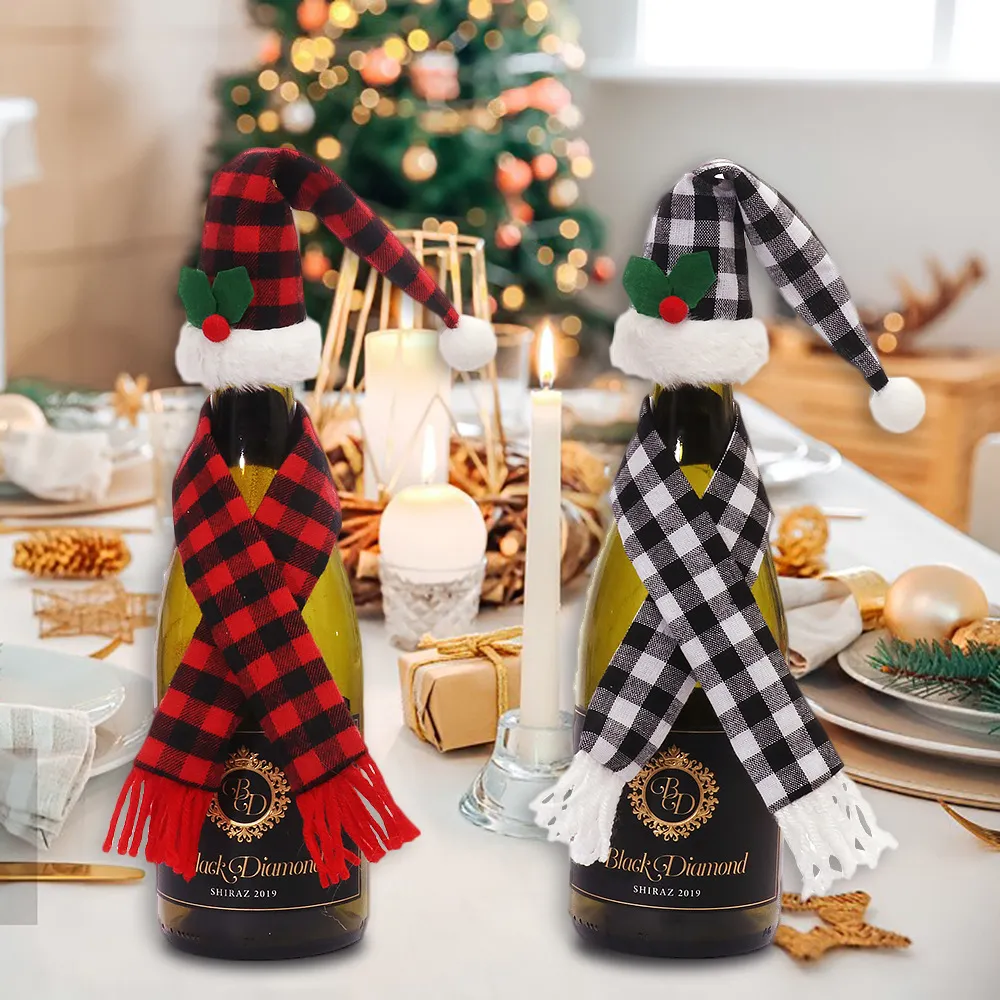 クリスマスの装飾クリエイティブホームキッチンテーブルの装飾小屋の格子縞のセットワインボトルバッグ