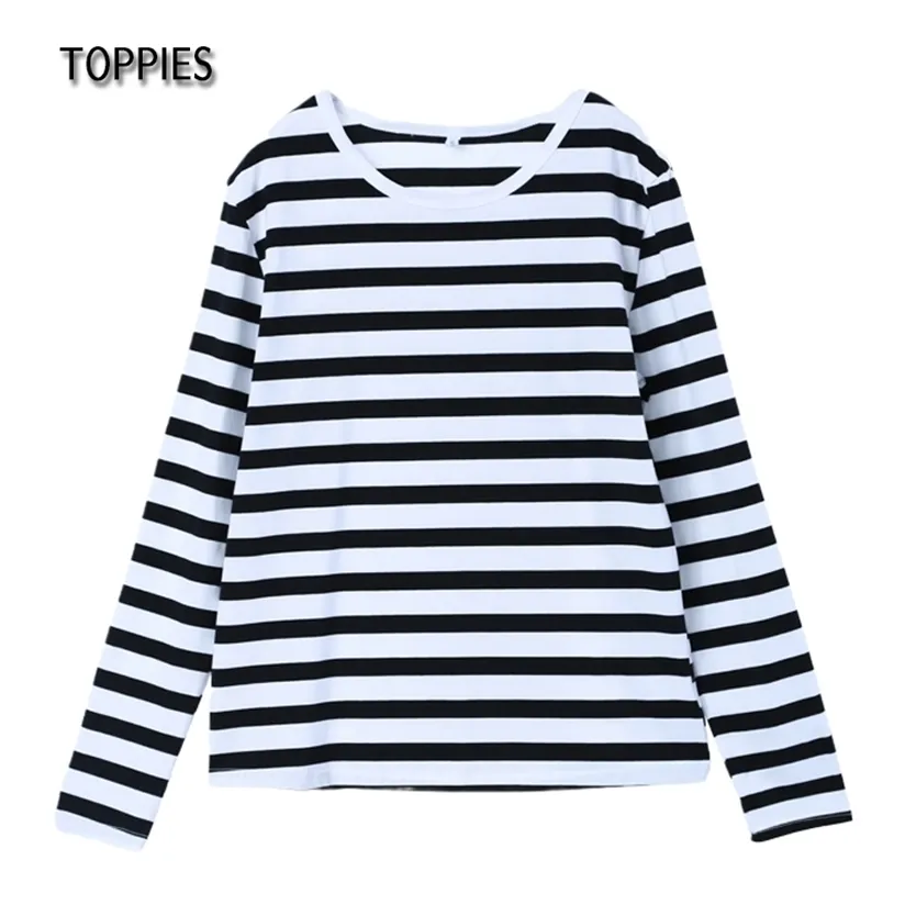 Toppies gestreifte T-Shirts, lässig, übergroß, Rundhalsausschnitt, Vintage-Basic-Tops, T-Shirt, Langarm, Weiß, Schwarz, 220328