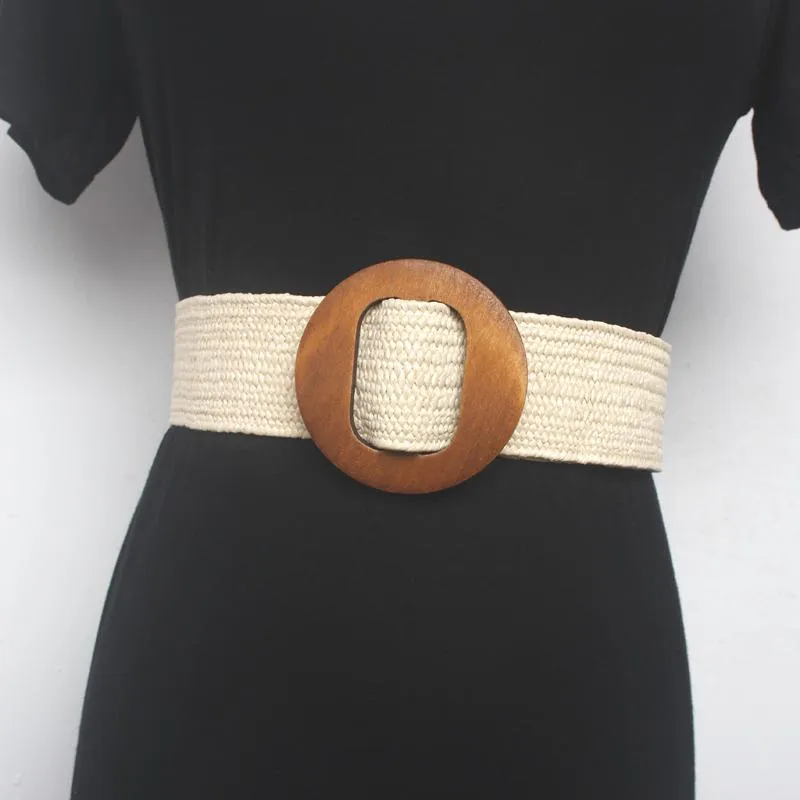 Bälten Kvinnor midja tätning fashionabla trä rund spännegräs gummi elastisk bred bälte dekorativ med avslappnad midjebandbälten