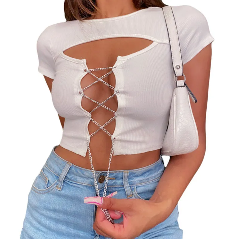 Women Summer Crop Tops, Hollow-Out Chains Bandage O-Neck Short Sleeve T-Shirt for Girls, S/M/L, White/Black