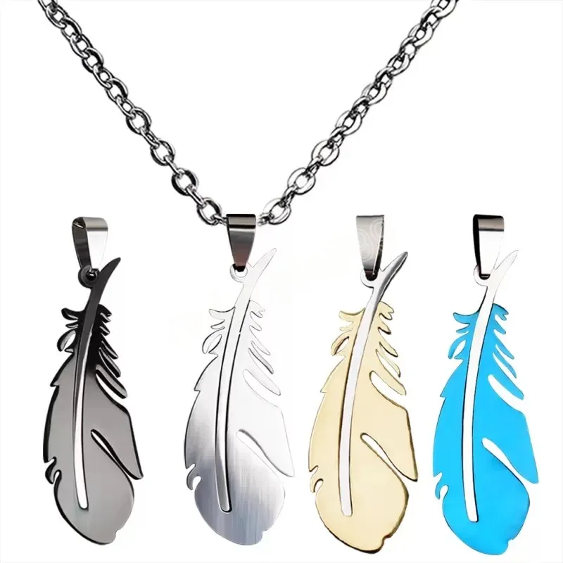 Multicolor Stainless Steel Feather Pendant Necklace Cool Man Jewelry for Wholesale