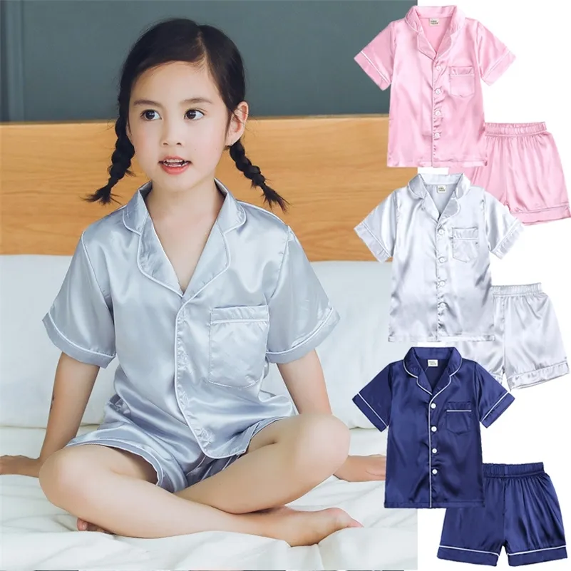 Детская атласная пижама для девочек мальчики пижама, наборы летняя осень шелковая мода пижама, топы, набор для детской пижамы костюма для сна 220706
