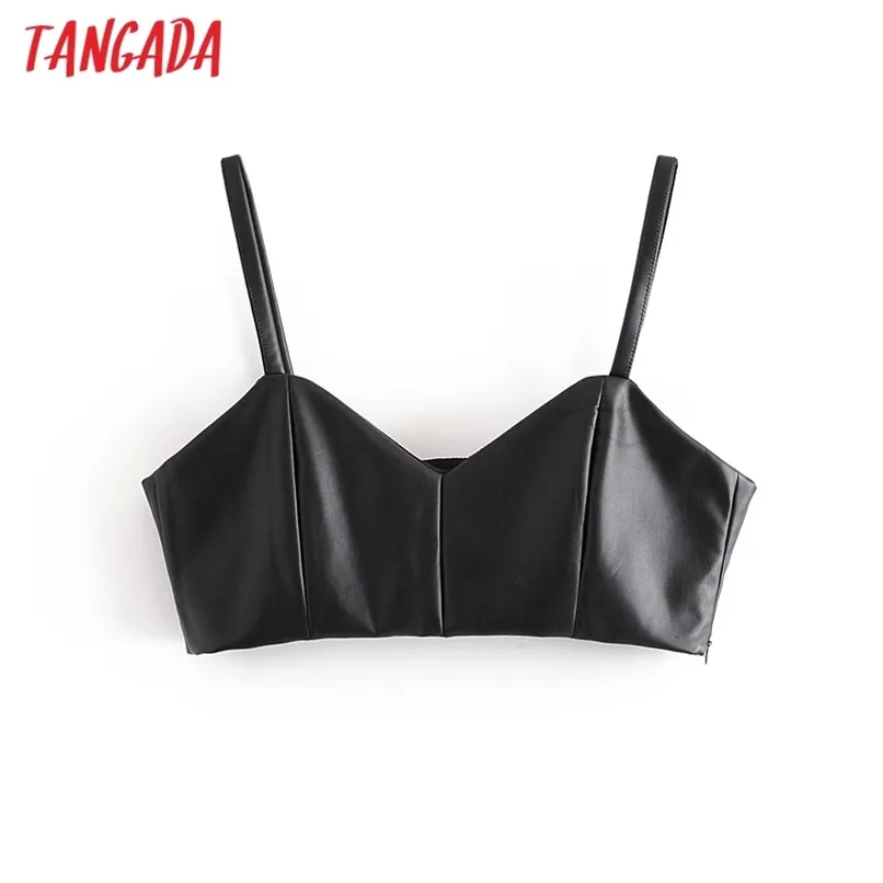 Tangada Kobiety Czarne PU Skórzane Camis Crop Top Spaghetti Pasek Bez Rękawów Backless Krótkie Bluzki Koszulki Kobiet Solidne Topy QN28 220316