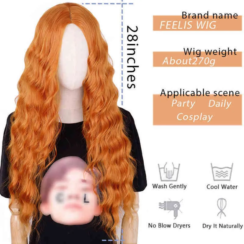NXY Wigs Hair Synthetic Cosplay Feelsi Pure Red Black Orange Wig Long Water Wave Halloween s for Women High Temperature Fiber 220225