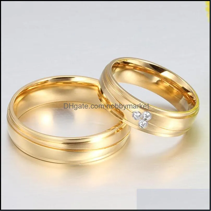 Wedding Rings Fashion Gold-Color Couple + Cubic Zirconia Stainless Steel Engagement Ring For Women Men