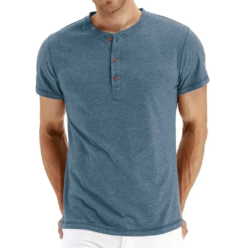 Jakość marki bawełnicza mężczyzn Tshirt Henry Neck Design Slim Fit Solid Tshirts Tees TEE TEE THE THE SHIRT FOR Men 220521