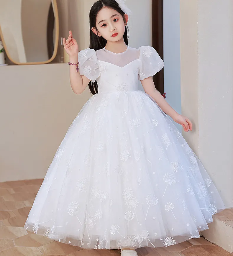 Bling Crystal Flower Girls Dresses For Teens Floor Length Beach Ball Gown Girl Pageant Party Gowns Tulle Skirt Formal Princess Kids Wear 403
