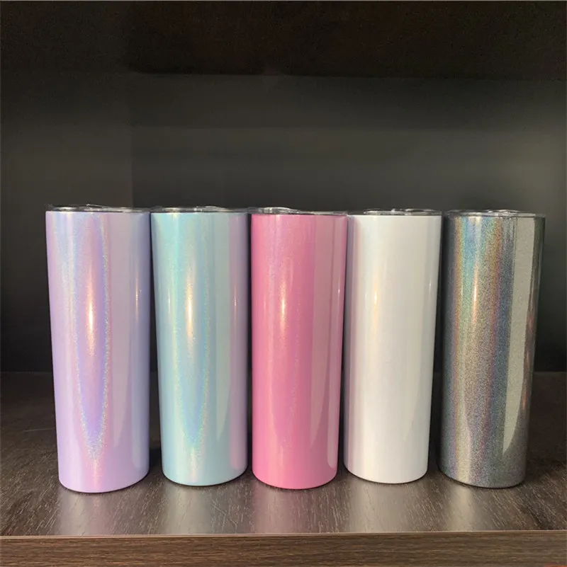 20oz glitter sublimation skinny tumbler stainless steel sparkle tapered skinny cup double walled vacuum insulated shimmer drinking bottle coffee mug 6 colors