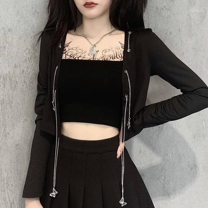 Kvinnors jackor kvinnor streetwear cardigan fjäril metallkedja flickor två stycken set svart topp och långärmad sexig gotisk beskuren