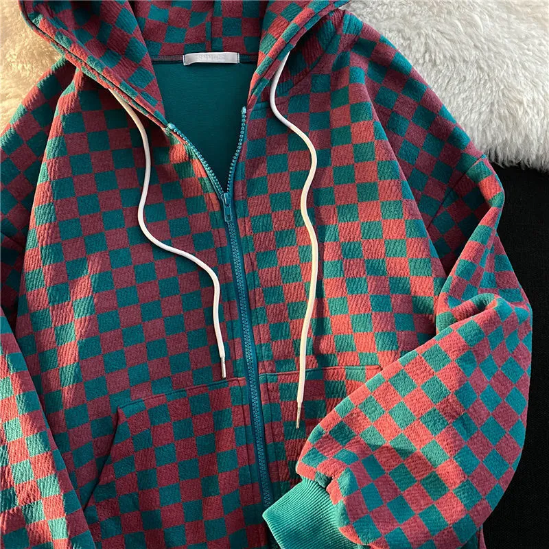 格子縞のレトロニッチカップルジャケットパーカー特大のジッパーカーディガンスウェットシャツ女性秋の冬の服の女性