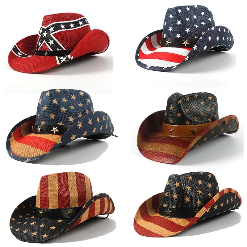 Berets Sommer Klassiker amerikanischer Flaggen Cowboy Hüte für Männer Weitkremp USA Cowgirl Chapeau Homme Cap Straw Hut Drop