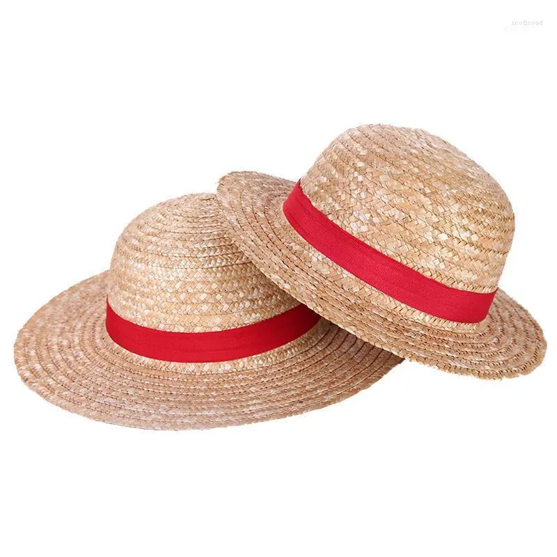 Boy Girl One Piece Cap Straw Hat Neck String Luffy Flat Hats Cosplay Japanese Cartoon Props Kid Red Stripe Beach Wide Brim Scot22