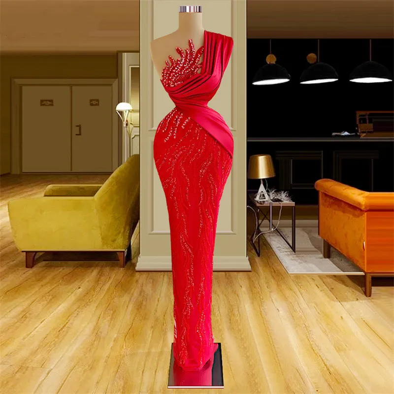 Vermelho Sereia Vestidos de Baile Sexy Decote à Bateau Sem Manga Um Ombro Lantejoulas Apliques Miçangas Renda de Cetim Oco Até o Chão Plus Size Vestidos de Festa Formais Feitos à Medida