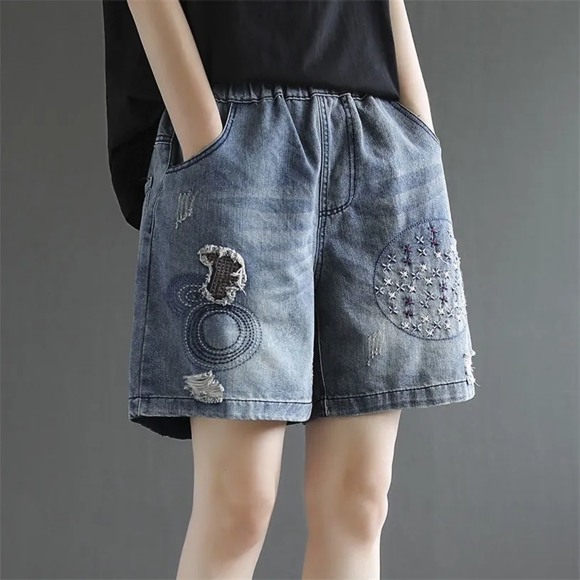 Women's Denim Shorts Loose Embroidery Pattern Wide Short Elastic Waist Summer Jeans Plus Size Clothing for Women 4xl 5xl 220427