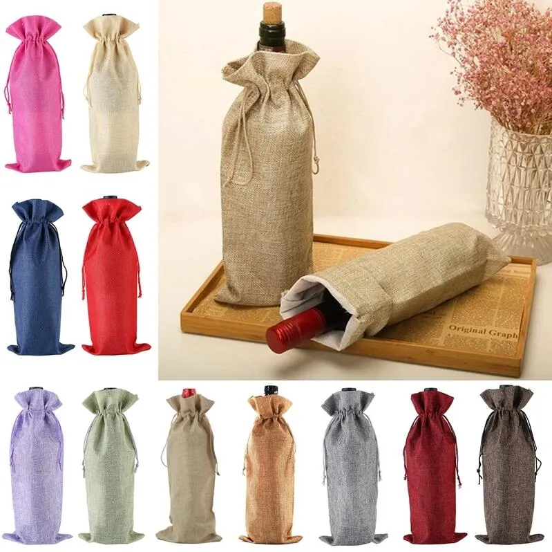 Decoraties Xmas Burlap Wine Bags Fles Champagne Wijnen Flesjes Covers Gift Pouch verpakking Tas Wedding Party Kerstdecoratie 15x35cm Inventaris Groothandel