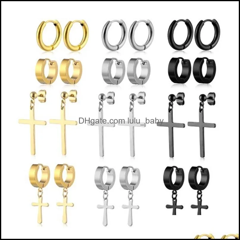 set of 15 pairs titanium steel dangle cross earring hoops for body piercing punk hiphop hoop earrings