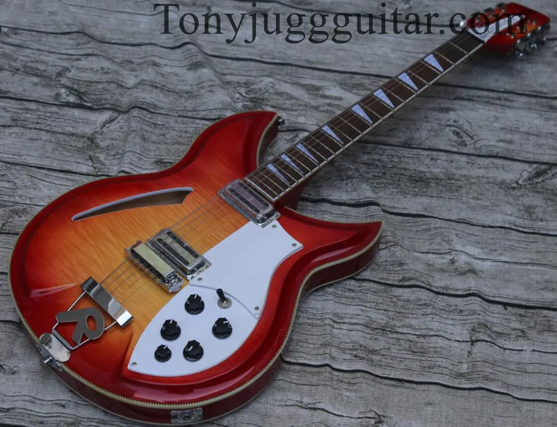 RIC Fire Glo Cherry Sunburst 330 360 381 12 Строки Электрогитара Полубаное тело, переплета в шахматной доске, пламенная кленовая спина, сэндвич -шея,