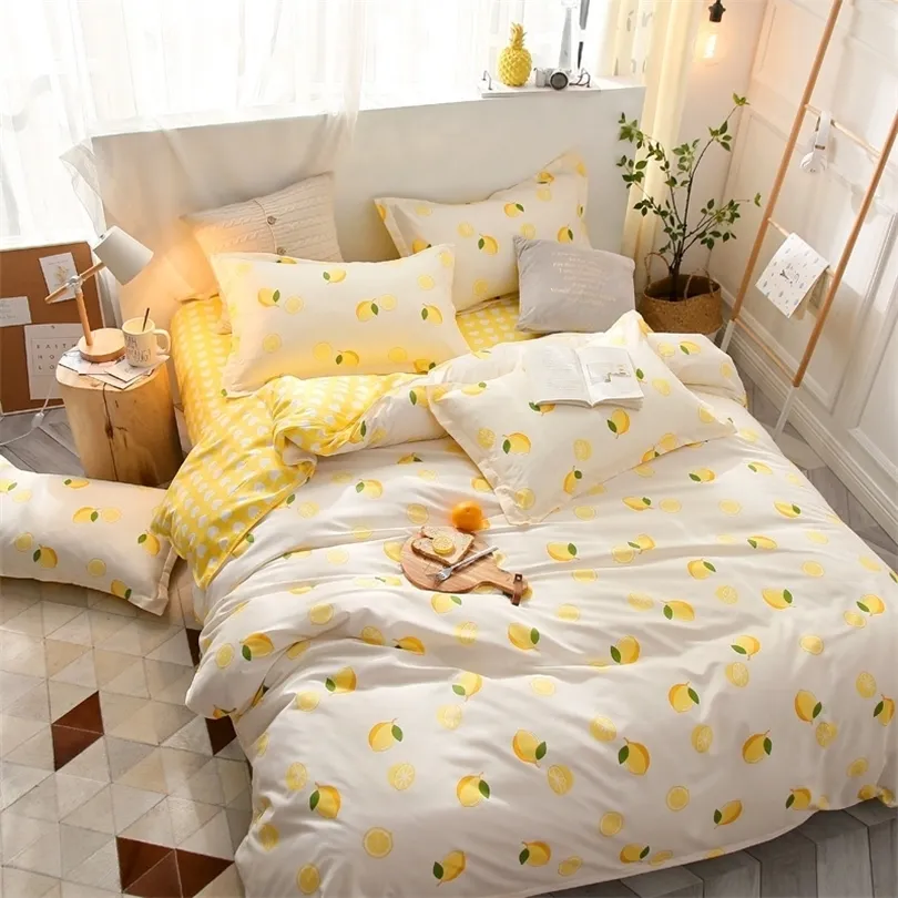 Novo produto amarelo limão frutas de cama estampada conjunto de cama de cama 3/4pcs tampa de edreta conjuntos de lençóis na cama Brophases Bedroom Sett T200409