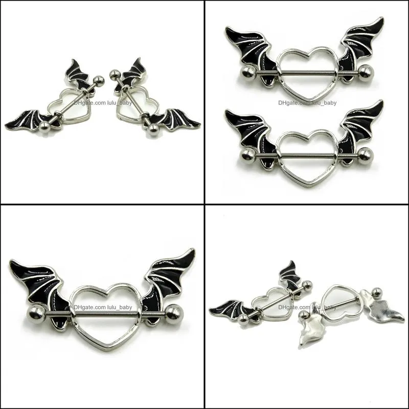 Heart-shaped Wings Nipple Ring Stainless Steel Black White Angel Wing Jewelry