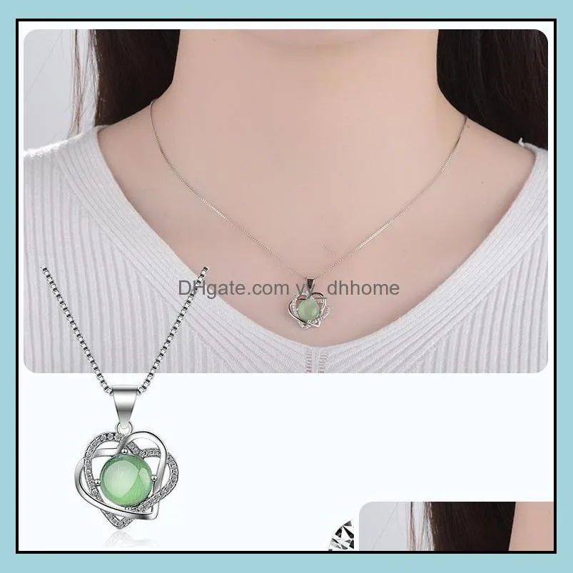 pendant necklaces yh-zl 925 sterling silver green zircon heart necklace for women shiny clavicle chain jewelry gift wholesale