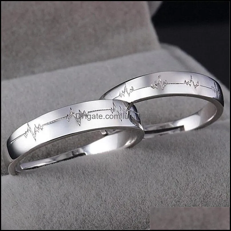 2pcs love heart electrocardiogram couple adjustable rings for lover valentine`day gift silver engagement wedding ring set