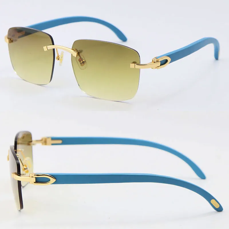 Wooden With Metal C Decoration Glasses 18K Gold Blue Wood Rimless Sunglasses Unisex Ornamental Light color lens Driving Fashion Adumbral Eyewear Size:54-18-140mm