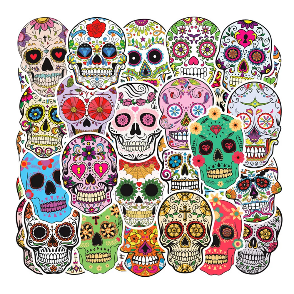 50pcs Halloween Sugar Skull Skin Skate Acessórios de skate Vinly para laptop para laptop Biciclo de bicicleta Decalques de carro de carro Decalques de festa