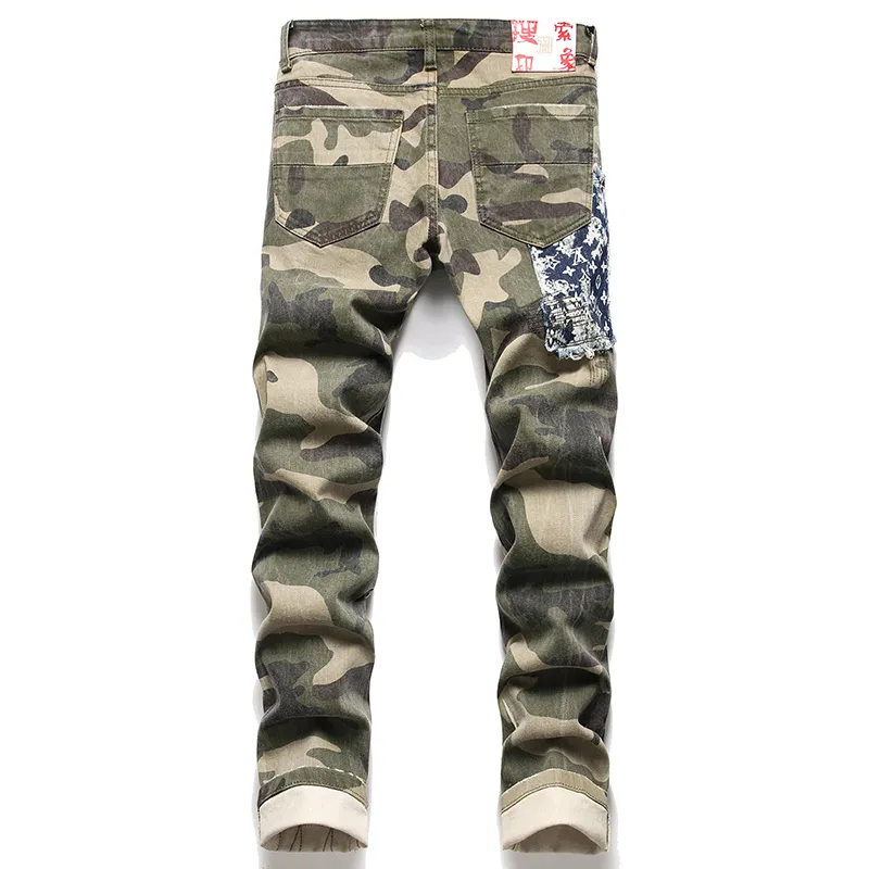 Stretch Camouflage Stitching Color Matching Men's Slim Jeans Autumn and Winter New Casual Cotton Denim Pants Fashion Trousers2927